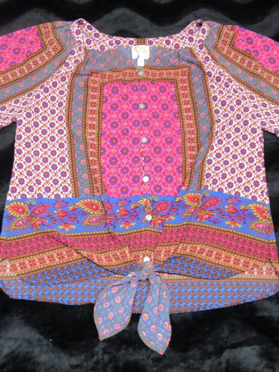 fig and flower Tops - Boho Bright Color Floral Front Tie Shirt